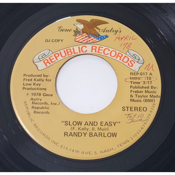 Randy Barlow Slow And Easy / Mono 45 RPM Republic Promo VG Country '78 - Picture 1 of 4